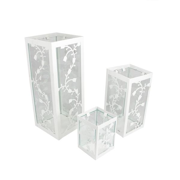Set of 3 White French Country Garden Floral Pillar Candle Holder Lanterns 12" - N/A