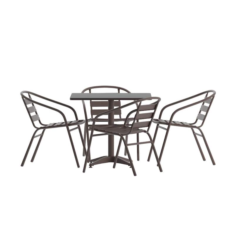 31.5" Square Aluminum Indoor-Outdoor Table Set with 4 Slat Back Chairs