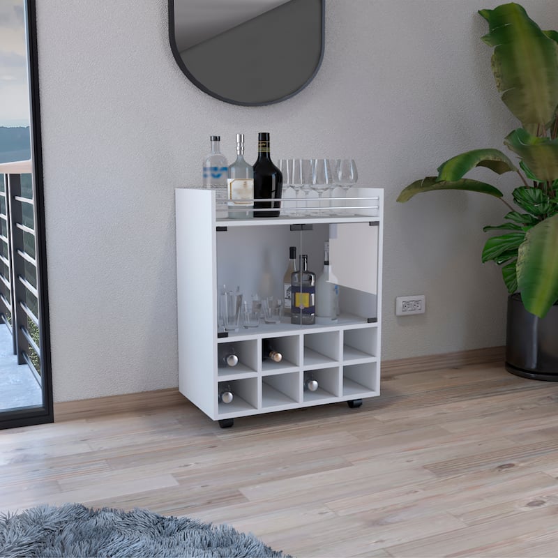 Bar Cart with Built-In 8-Bottle Rack,Double Glass Door Cabinet,and Aluminum-Edged Top Surface - White