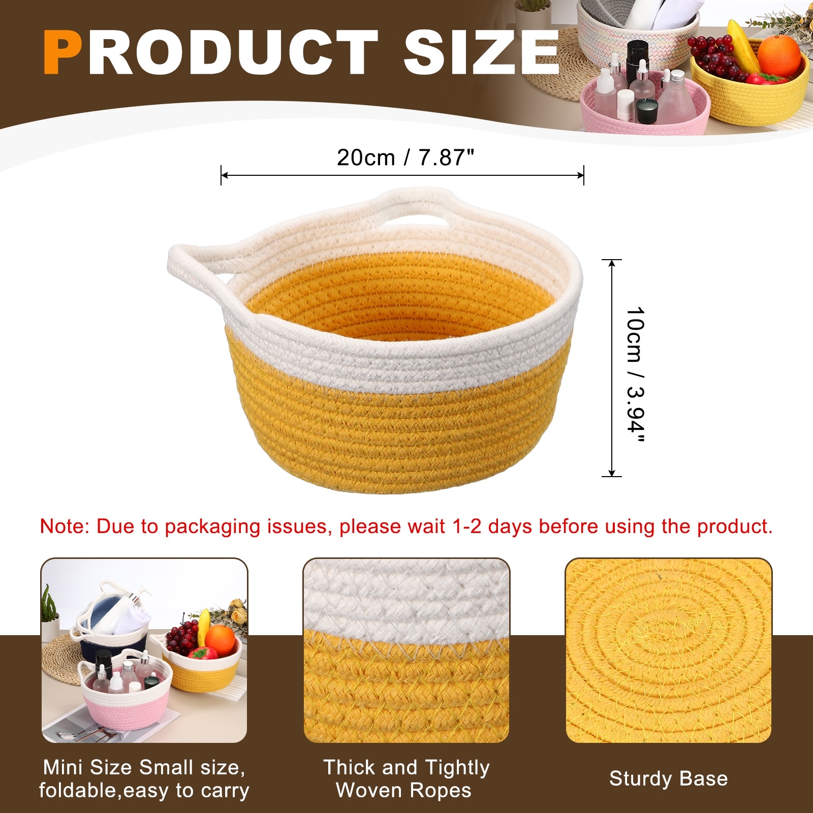Small Cotton Rope Woven Storage Basket, Cat Ears Decorative Organizer