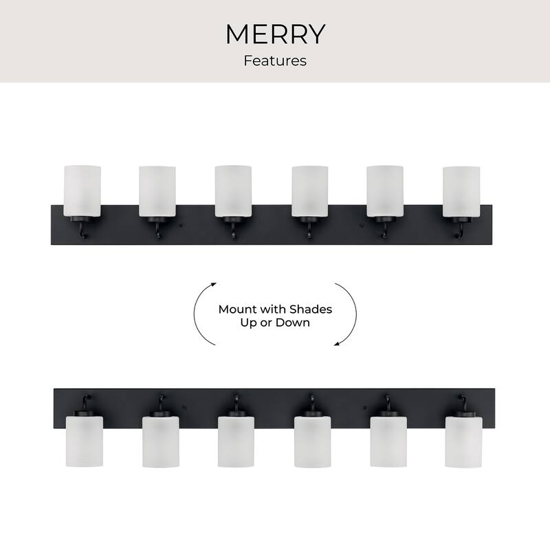 Merry Collection Six-Light Matte Black and Etched Glass Transitional Style Bath Vanity Wall Light - 48 in x 5.75 in x 8.25 in
