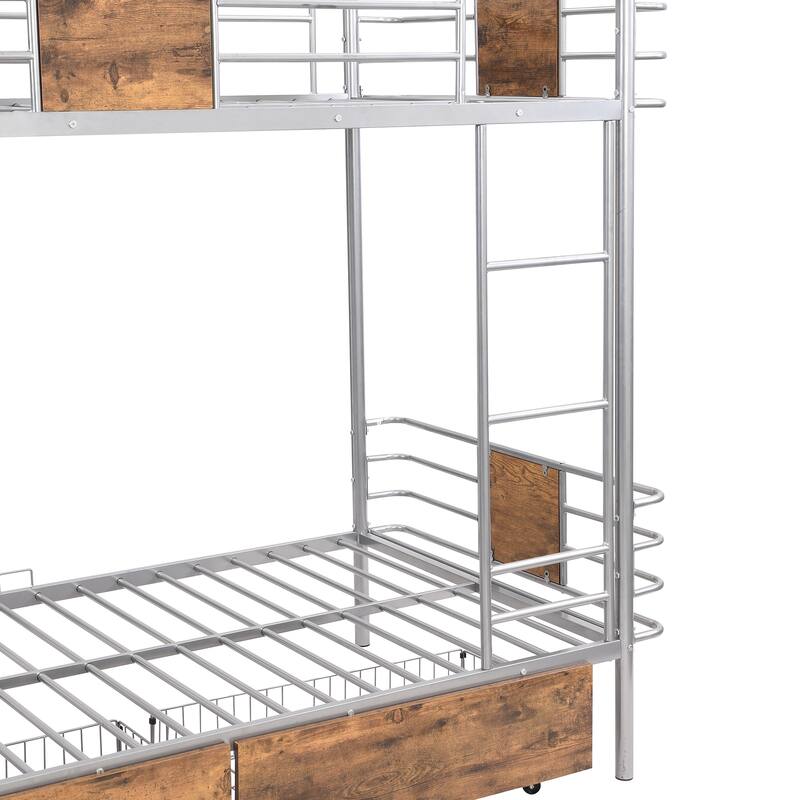 Industrial Style Twin XL Metal Bunk Bed with Full-Length Guardrail, Two Storage Drawers, and Integrated Ladder