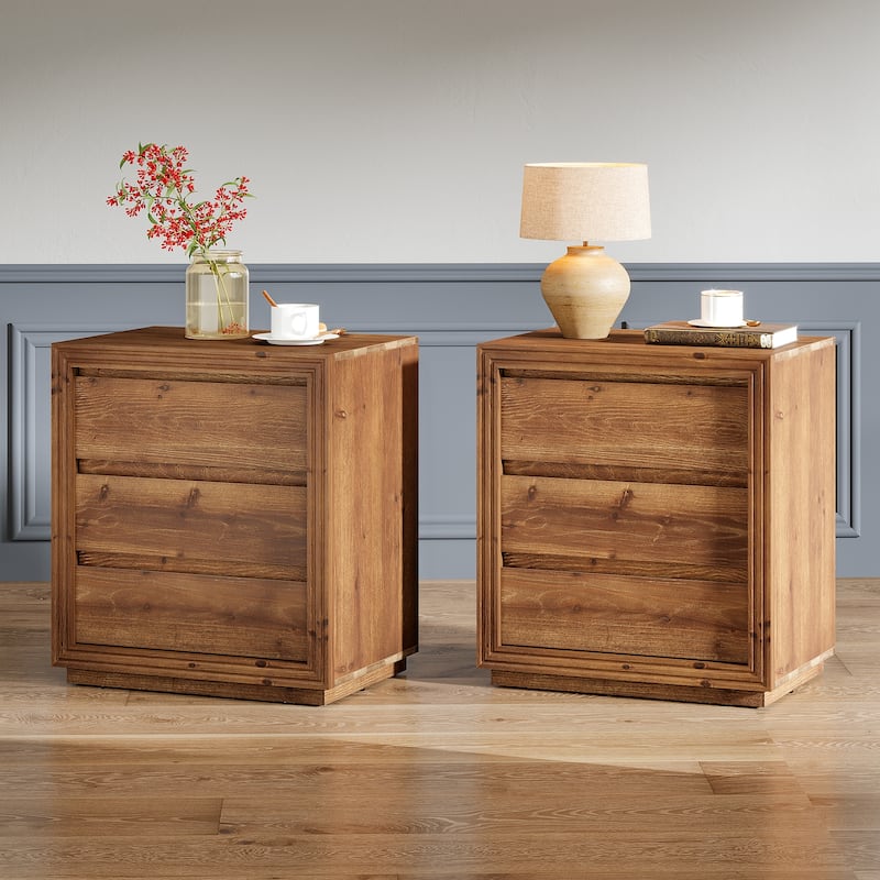 23.62" Solid Wood End Table with 3 Drawers | Rectangular Side Table for Living Room - 2 Packs - Brown