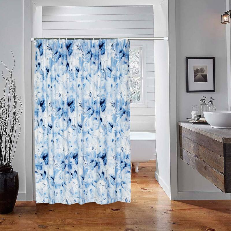 Better Trends Rosalia Collection Microfiber Floral Shower Curtain 72" x 72" in Blue - Soft, Durable & Machine Washable - 72" X 72" - Blue
