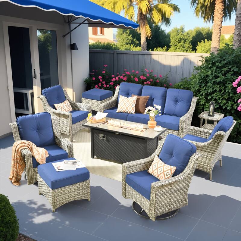 HOOOWOOO 9-piece Rattan Outdoor High Backrest Swivel Chair Set with 54"Fire Pit - Navy Blue