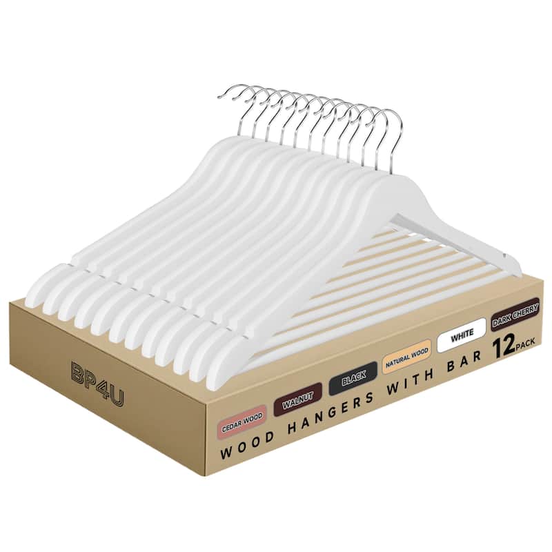 BP4U Premium Solid Wood Hangers with Non-Slip Trouser Bar, Heavy-Duty Suit Coat Wooden Hangers for Jackets, Shirts, and Dresses - 12-Pack - White