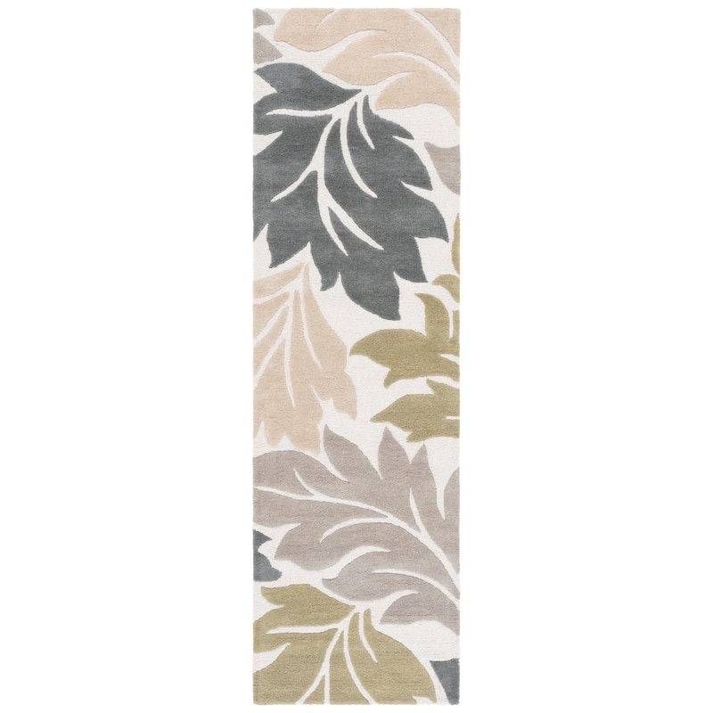 SAFAVIEH Handmade Jardin Jappe Country Botanical Wool Rug - 2'3" x 8' Runner - Ivory/Grey