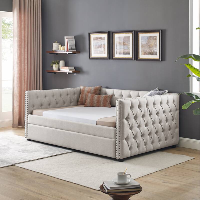 Roomfitters Upholstered Tufted Daybed with Trundle, Full Size Sofa Bed with Twin Trundle and Nailhead Trim on Square Arms