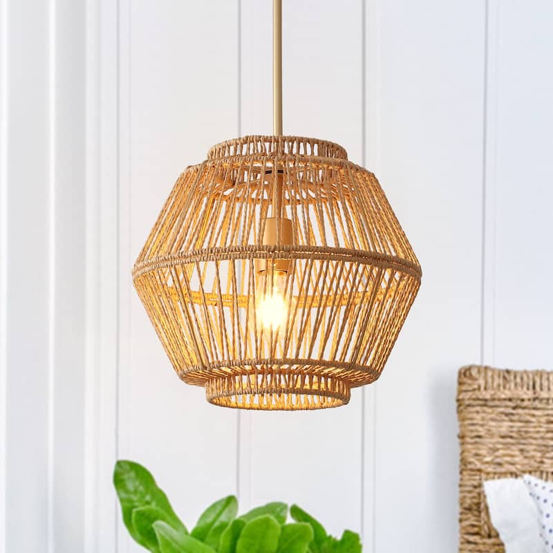 1-Light Rustic Geometric Rattan Chandelier for Kitchen Island - Spray-painted Gold+Nickel