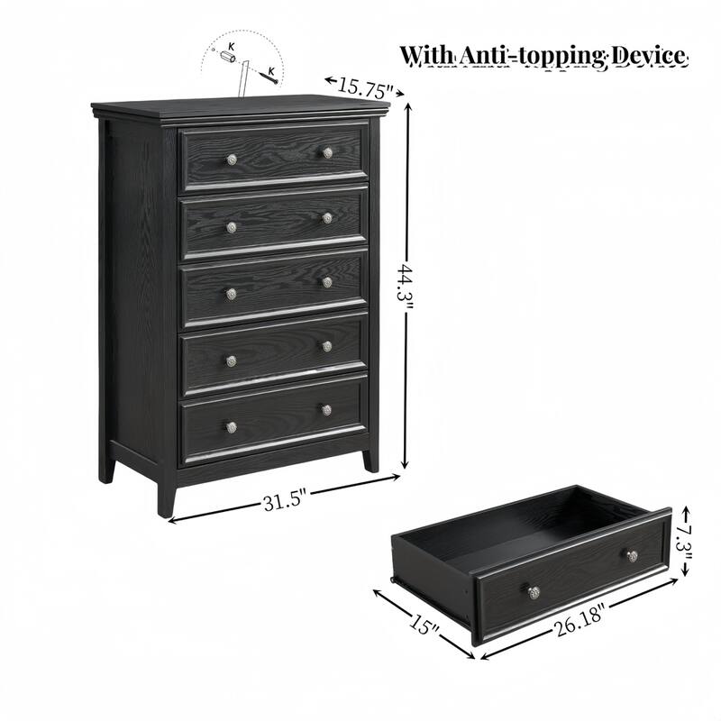 Modern 5 Drawers Dresser with Metal Handles and Metal Slide Rails