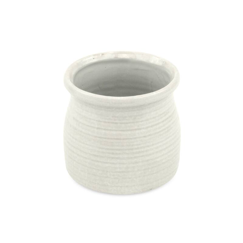 HomeRoots White Ceramic 25 Ounce Striped Round Distressed Pot Planter - 5.00 in. x 4.75 in. x 5.00 in.