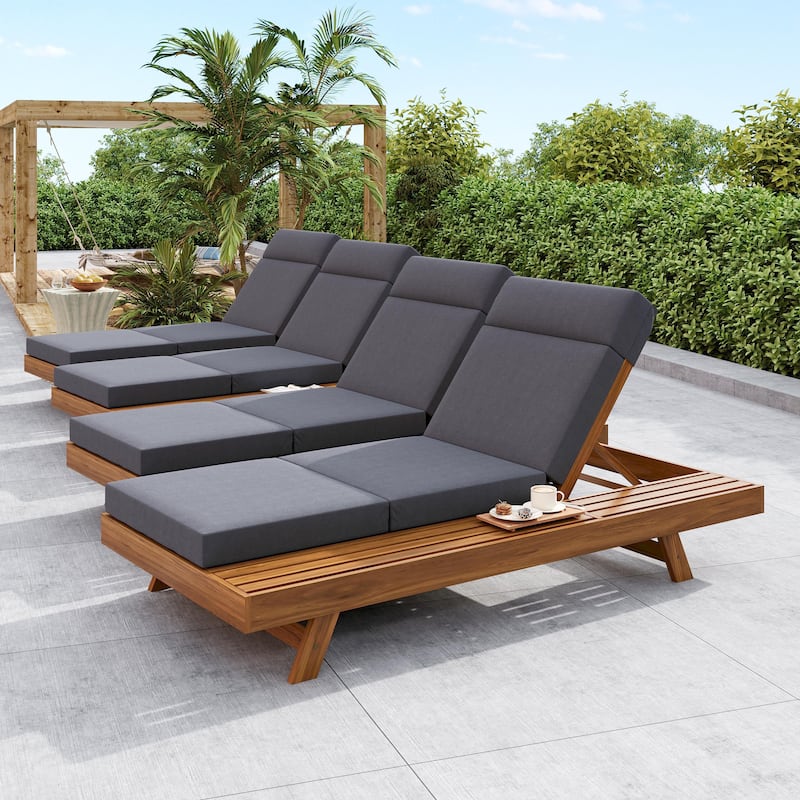 Christopher Knight Home- Alex Acacia Wood Outdoor Chaise Lounge Set - Teak+Dark Gray+4 Piece