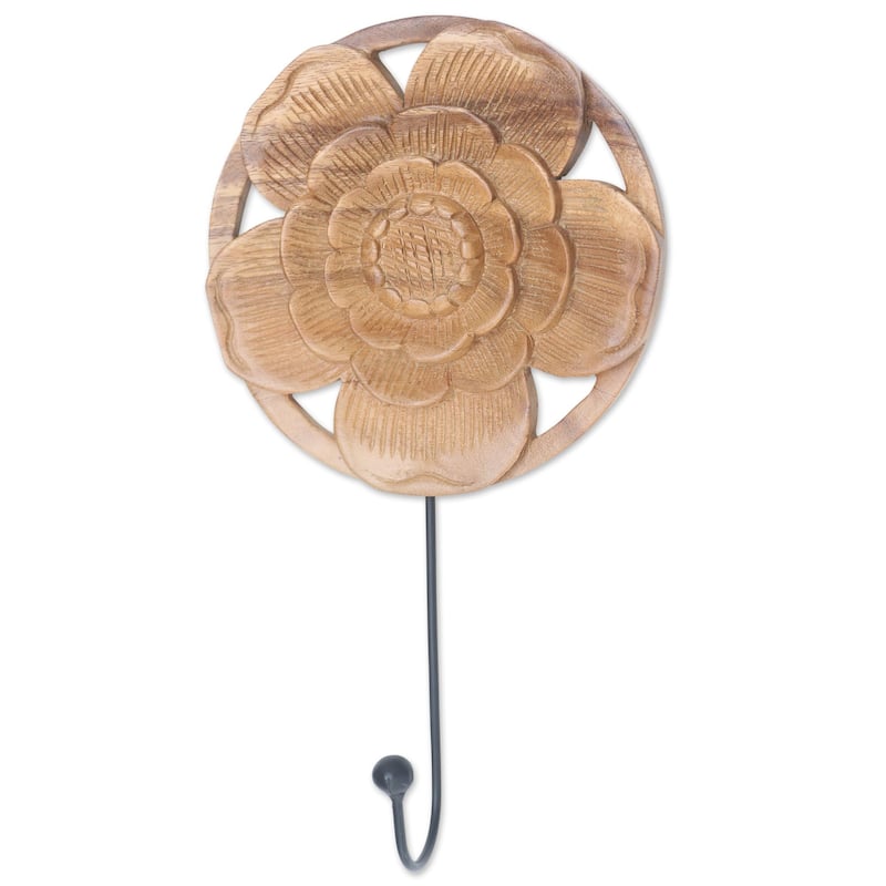 NOVICA Handmade Lotus Bloom Wood Wall Hook - 10.25" H x 6" W x 2" D