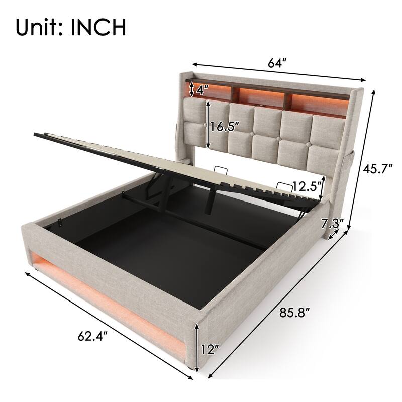 Queen Size Upholstered Bed with Hydraulic Storage, LED, and USB Charging