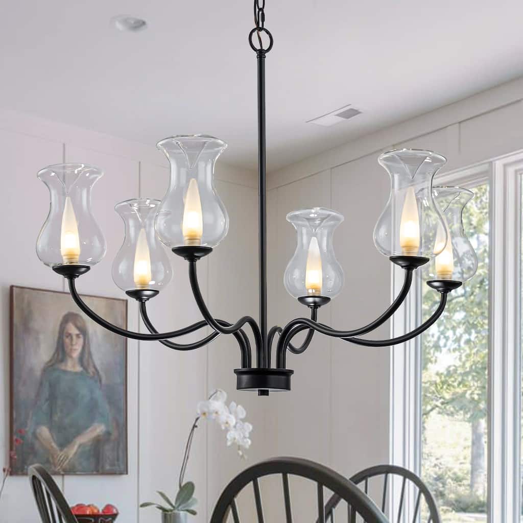 6-Light Farmhouse Chandelier Curved Black Waisted Vase Glass Shades - Dia.31.1-in