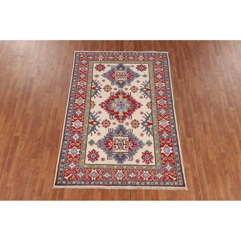 Kazak Oriental Area Rug Handmade Geometric Beige Wool Carpet - 5'0" x 7'3"