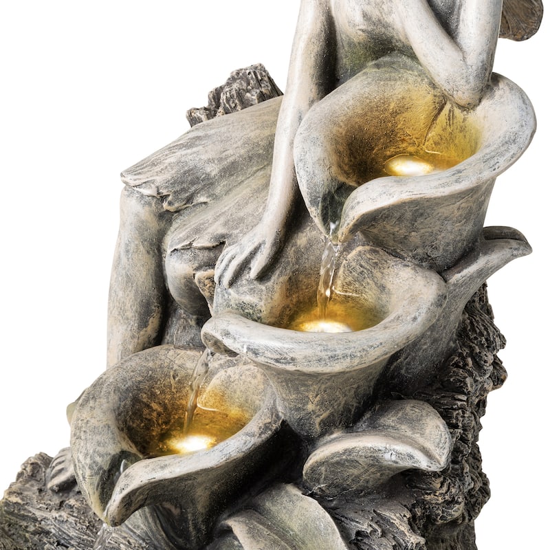 Glitzhome 22"H 4-Tiered LED Lighted Mermaid Fairy Polyresin Outdoor Floor Statue Fountains