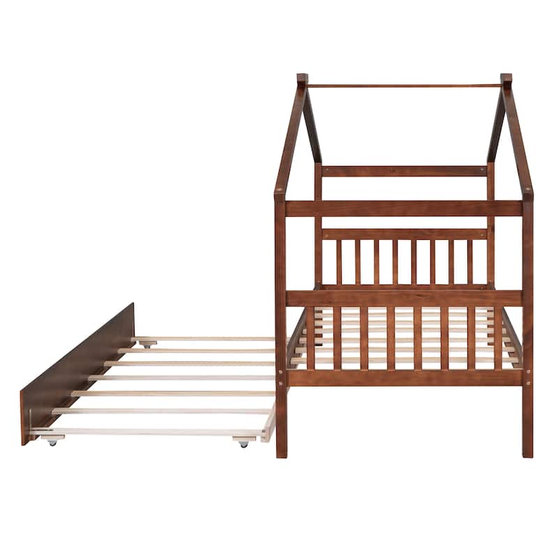 Wooden House Bed with Twin Size Trundle