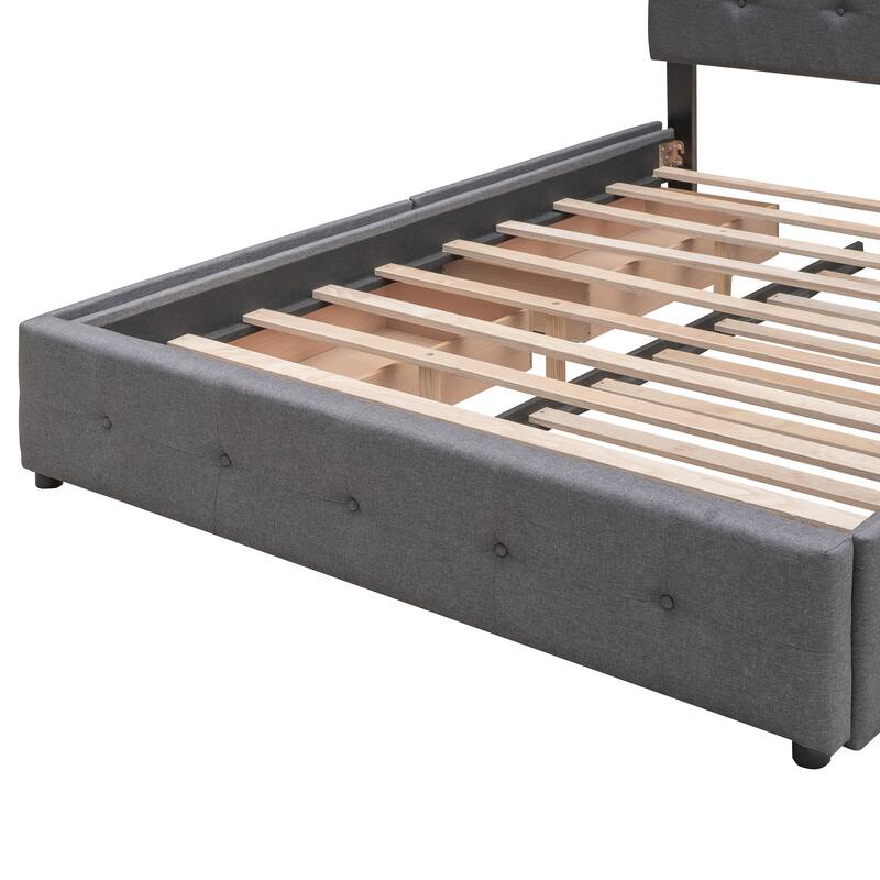Queen Size Upholstered Platform Bed with Twin XL Trundle, Wooden Storage Bed Frame with 2 Drawers & Button Tufted Headboard