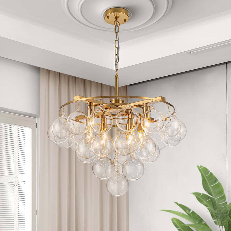 Starsky 8- Light 23in. Modern Glam Cluster Glass Bubble Chandelier with 28 Swirled Glass Globe Bubble - Clear Bubble - Gold