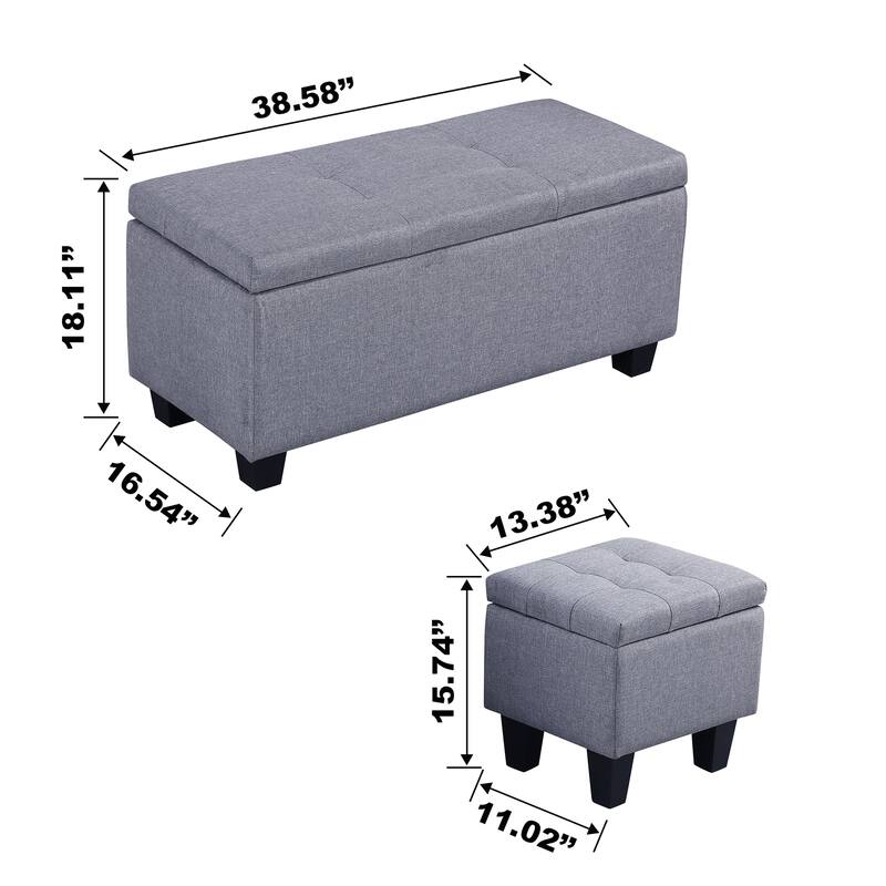 Tufted Fabric Storage Ottoman Bench, Ottoman Linen Bench - Set of 3
