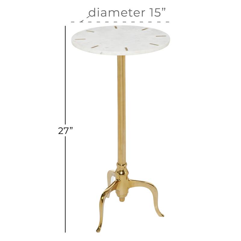 White Marble Accent Table with Gold Inlay and Scrolled Base