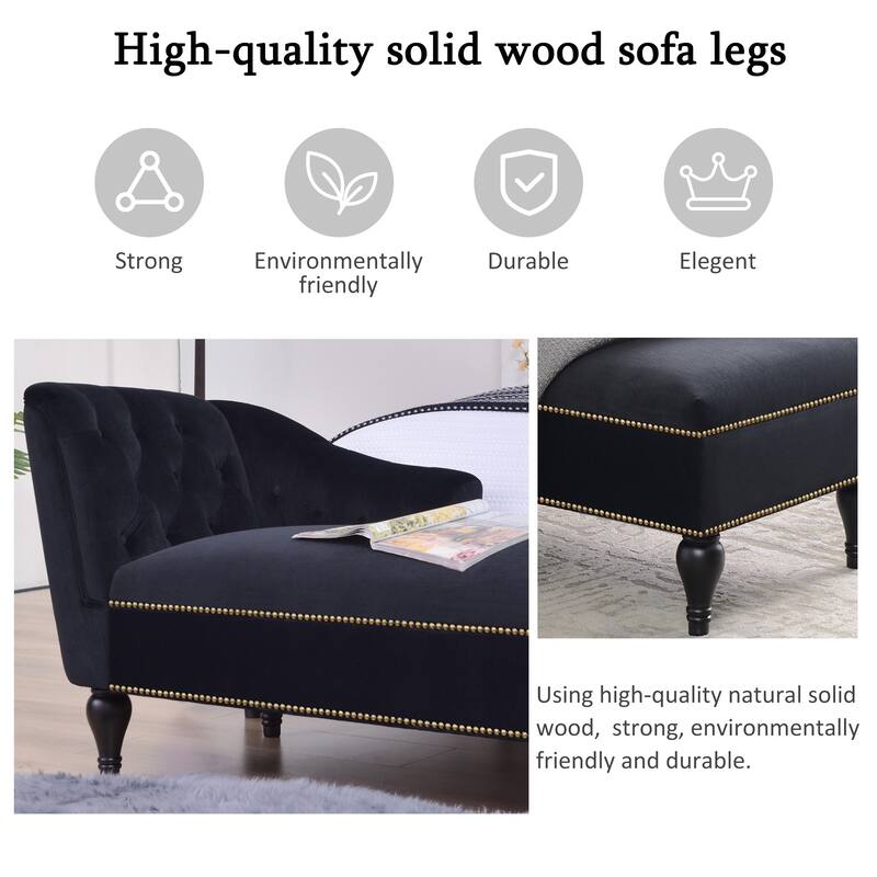 58'' Black Velvet Button Tufted Right Arm Facing Chaise Lounge Chair with Nailhead Trim: Opulent Addition to Any Living Space.