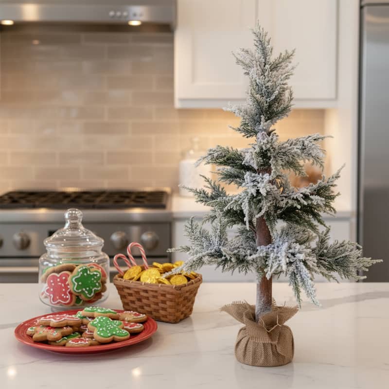 35.25" Heavily Flocked Pine Tree in Natural Jute Base Christmas Decor