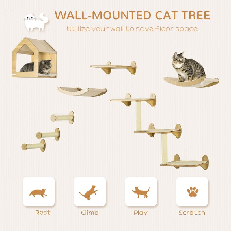 PawHut 8Pcs Wall Mounted Cat Tree Cat Shelf Set, Cat Wall Furniture with Cat Hammocks, Condo, Perches, Steps, Modern Cat Tree