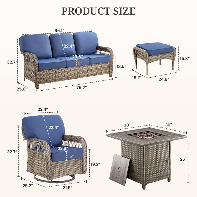 Pocassy Patio Outdoor Fire Table with Sofa Ottoman Swivel Chair Funiture Set.