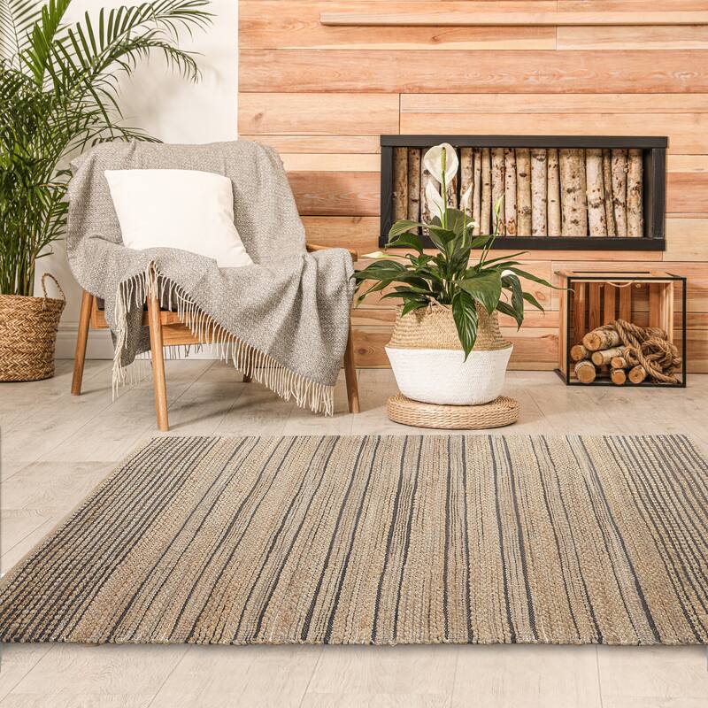 Sevita Nevaeh Tan/Black Striped Handmade Jute Blend Farmhouse Indoor Area Rug