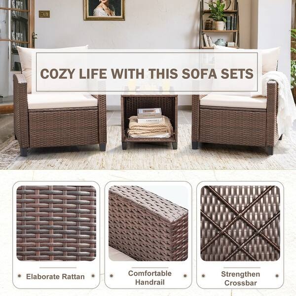 Homall 3 PCS Patio Furniture Set Outdoor Rattan Chair with Cushion and Coffee Table Bistro Set for Yard