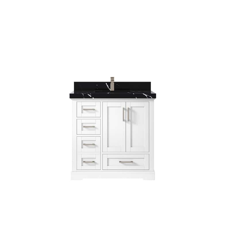 Willow Collections 36 x 22 Boston Center Sink Right Bathroom Vanity with Countertop - 2"Calacatta Black - White