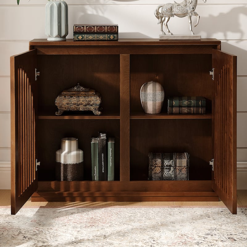 Mid Century Modern Fluted Sideboard Cabinet with 2 Outlet Holes, Buffet Cabinet with Storage, Narrow Side Cabinet