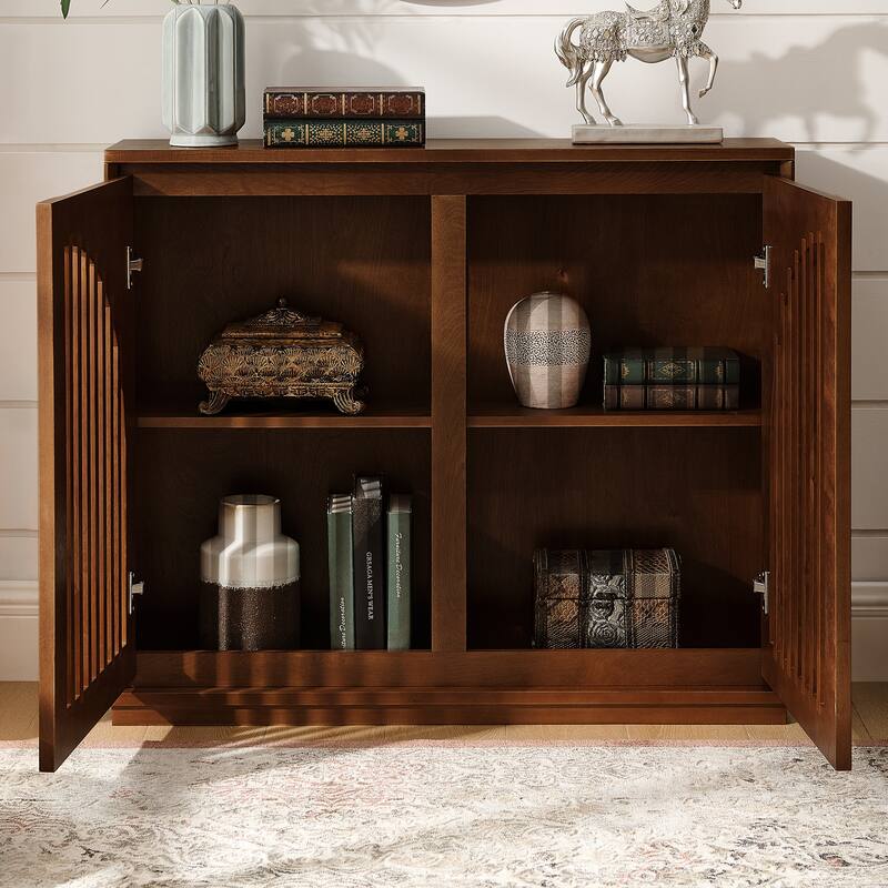 Modern Fluted Wooden Sideboard Cabinet, Multi-functional Narrow Side Cabinet, Storage Cabinet with 2 Doors & Outlet Holes