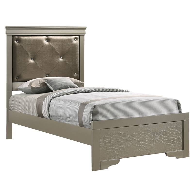 Champagne Twin Bed - Tufted Headboard Panel Bed with Textured Finish - Requires Box Spring