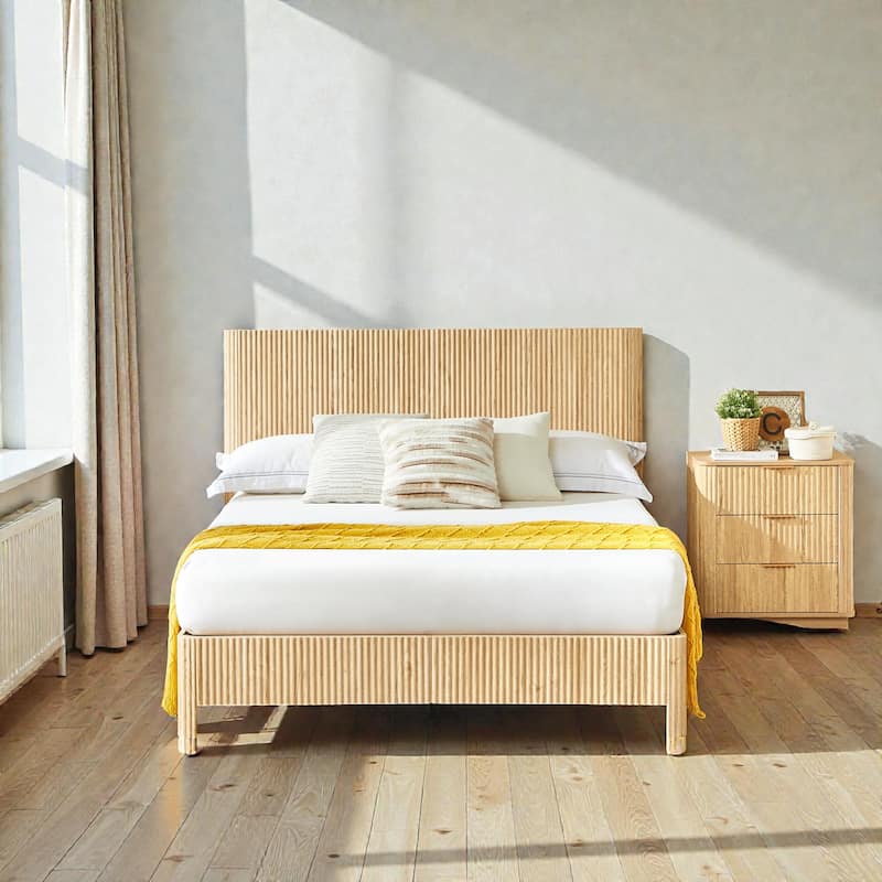 Wood Bed Frame with Corrugated Curved Wood Panels, Heavy Duty Metal Support, No Box Spring Needed