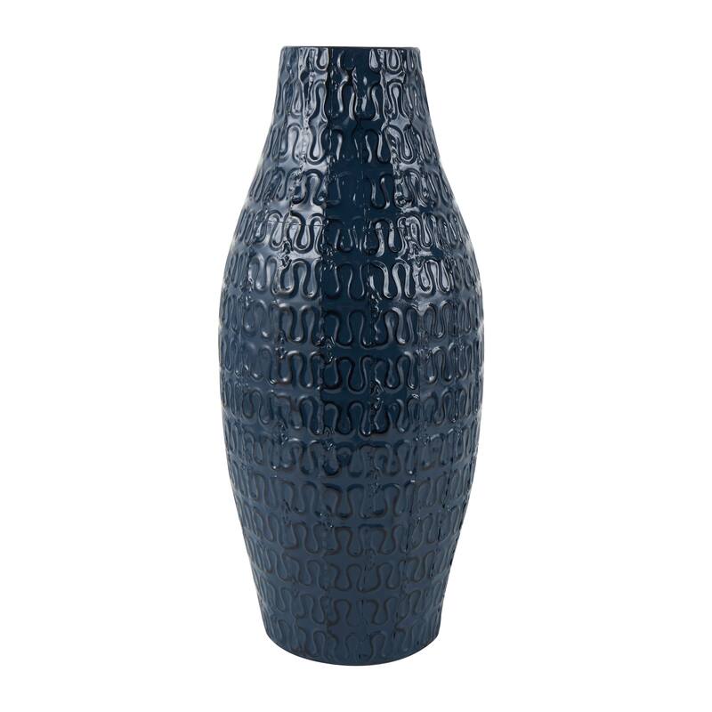 Dark Blue Metal Dimensional Textured Decorative Vase with Wavy Pattern