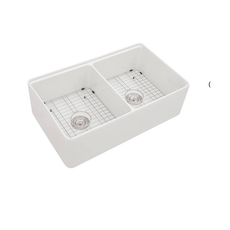33'' White Farmhouse Double Bowl Ceramic Kitchen Sink - 33'' x 20'' x 10''