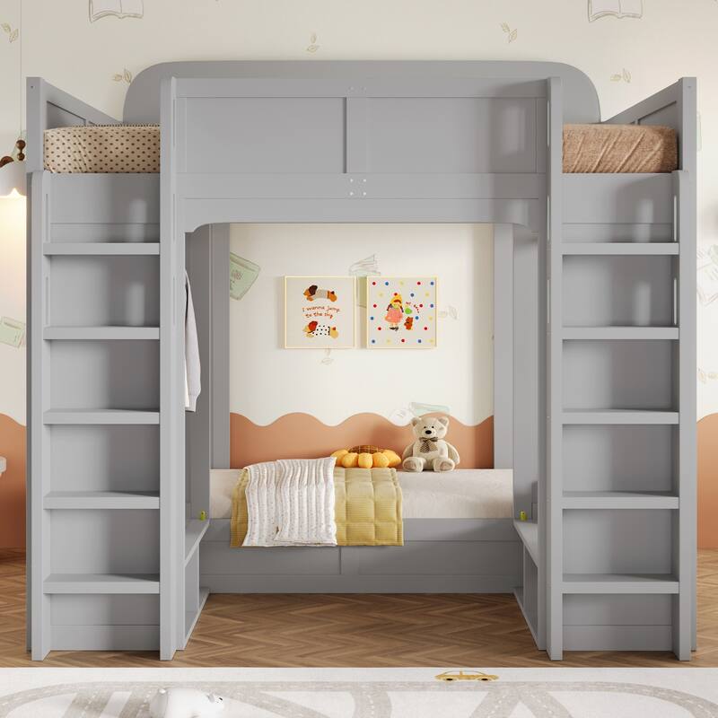 Roomfitters Triple Bunk Bed with Twin, Twin and Twin XL Beds, Storage Shelves and Hooks