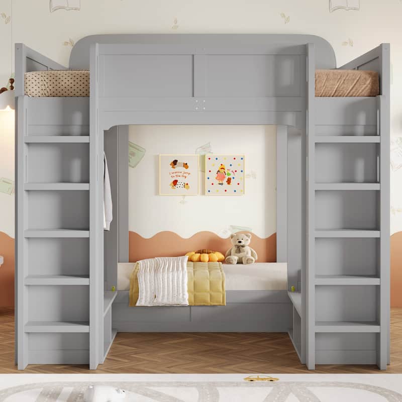 Triple Bunk Bed with Storage Shelves & Hooks, Twin + Twin over Twin XL, Space-Saving Design - Grey - Twin