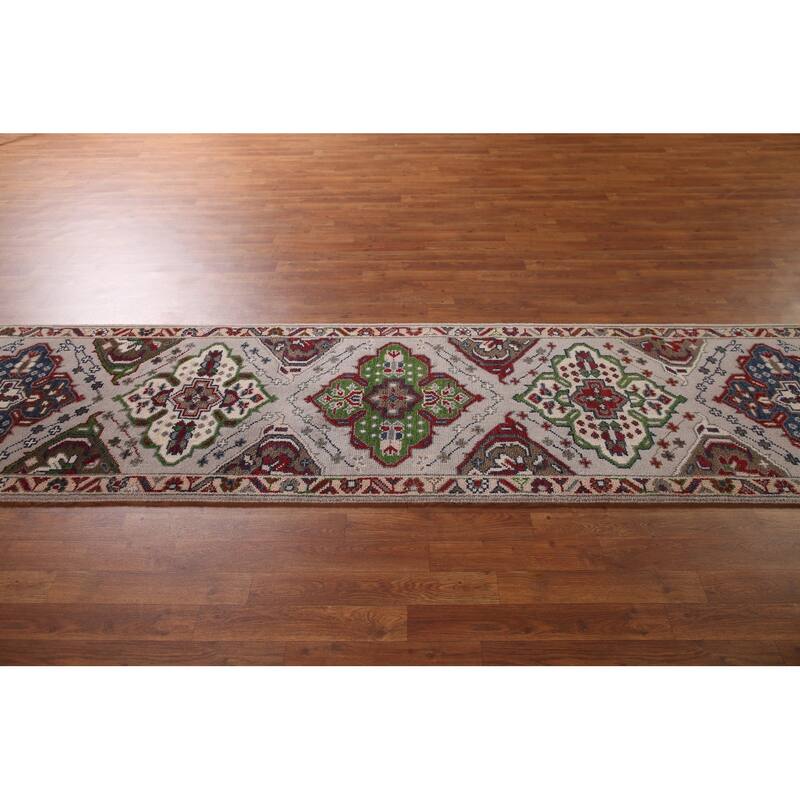 Geometric Grey Kazak Runner Rug Hand-Knotted Oriental Wool Carpet - 2'7"x 9'10"