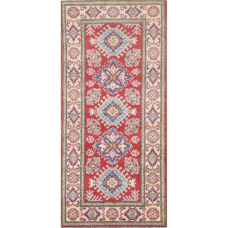 Hand Knotted Oriental 100% Wool Carpet Traditional Geometric Red Kazak Area Rug - 6' 5'' X 2' 8''