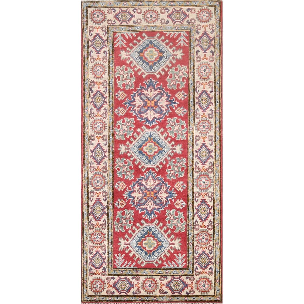 Hand Knotted Oriental 100% Wool Carpet Traditional Geometric Red Kazak Area Rug - 6' 5'' X 2' 8''