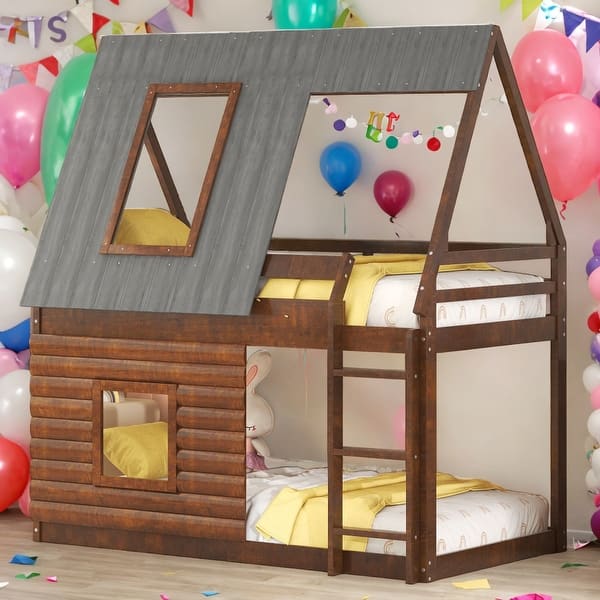slide 2 of 10, Twin Size Wood House Bunk Bed with Roof,Ladder & 2 Windows,Oak&Smoky Grey