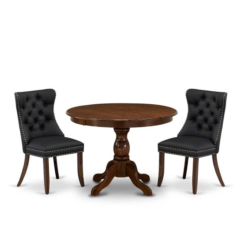 3-Piece Antique Walnut Finish Solid Wood Top-Round Upholstered Dining Room Set-Seats 4