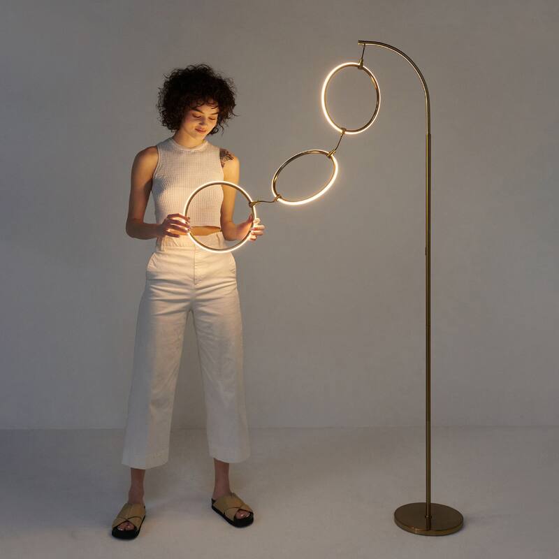 Brightec Nova 74 in. Antique Brass Dimmable LED Arc Standing Floor Lamp with 3 Ring-Style Light Pendants