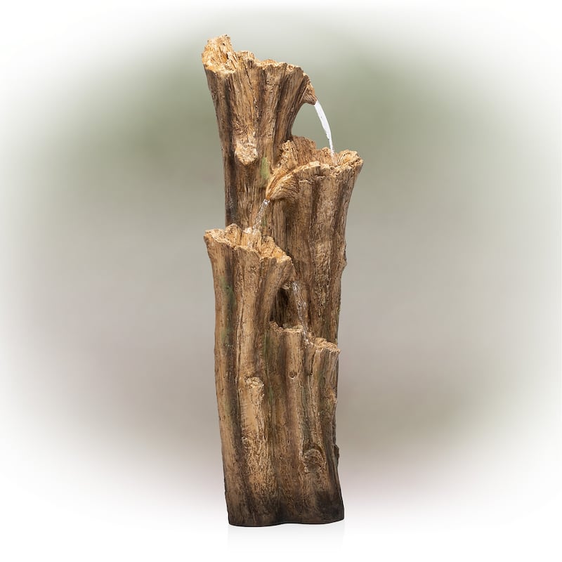 Alpine Corporation 47" Tall Outdoor 3-Tier Cascading Tree Bark Water Fountain with LED Lights