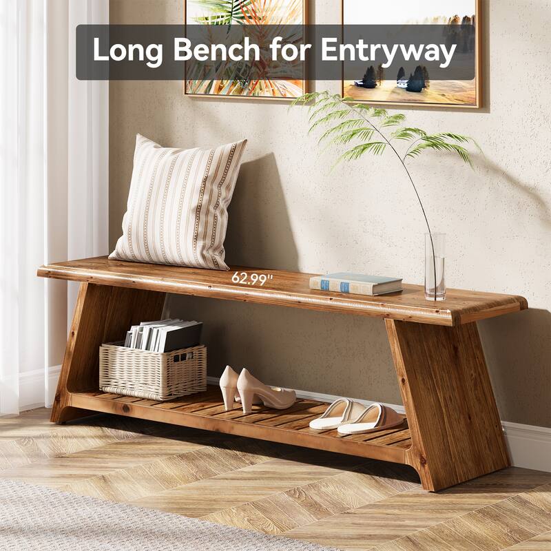 63 Inch Long Solid Wood Entryway Bench End of Bed with Storage - 15.75" D x 62.99" W x 17.91" H
