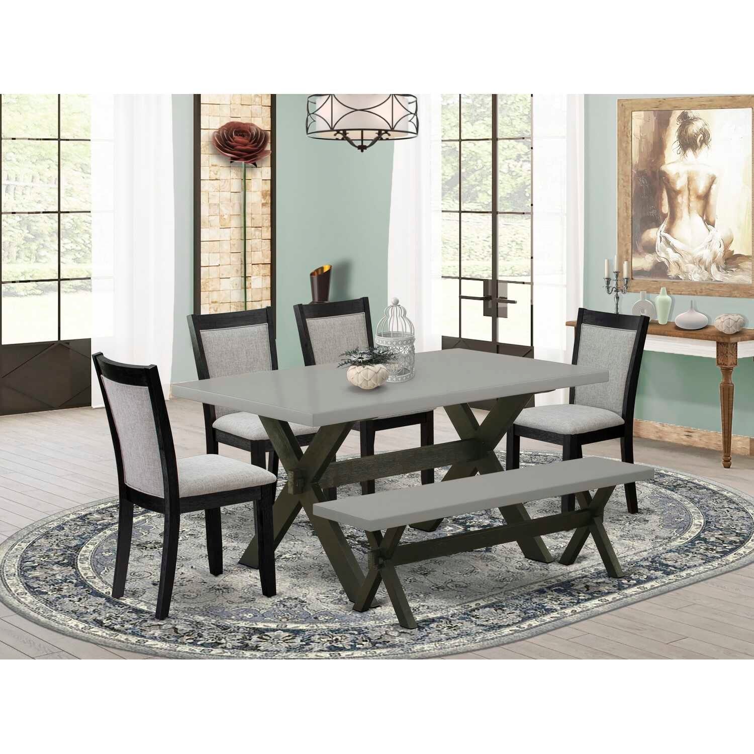 HomeStock 6-Piece Rectangle Natural Oak Finish Solid Wood Top Dining Table with 1-Bench, 4 Upholstered-Chairs